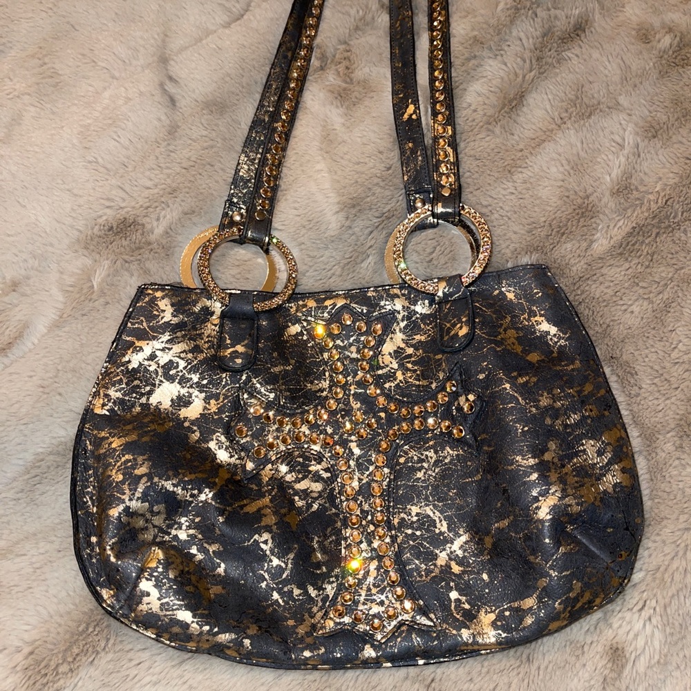Raviani  Black and Gold Cross Purse Leather